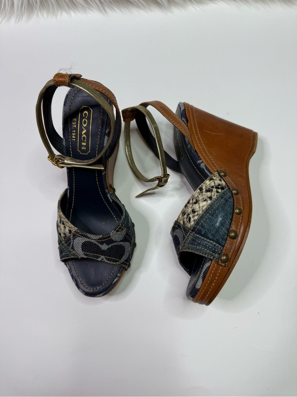 Coach Vintage Y2K Wedge Sandals with Denim and Tan Leather Ankle Strap Size 6 - Picture 5 of 8